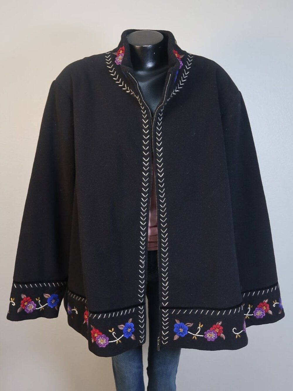 Susan Graver Black Embroidered Open Front Jacket